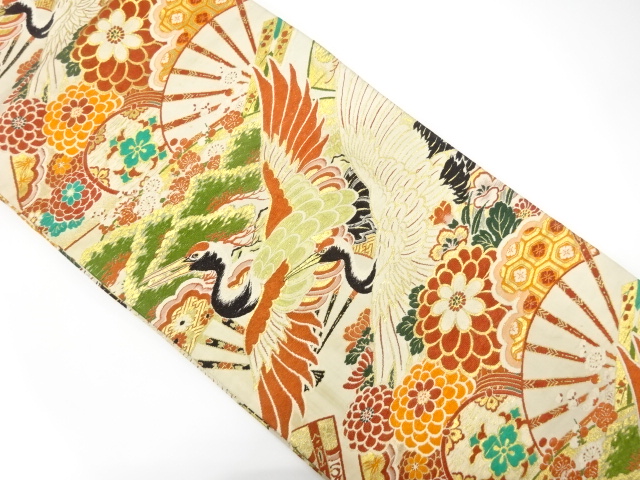 JAPANESE KIMONO / ANTIQUE MARU OBI / WOVEN CRANES & DRUMS & FLOWERS